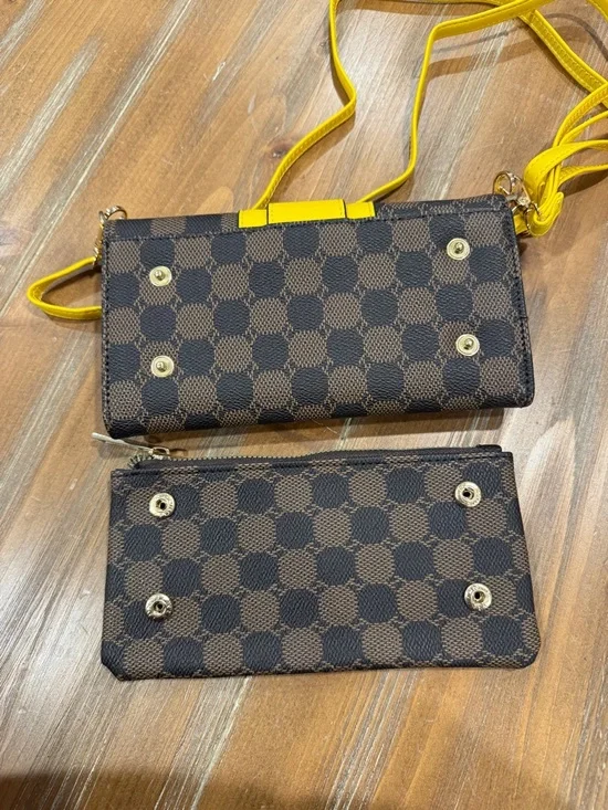 Michael Kors Check Wallet Crossbody Purse Brown Yellow Strap Clutch Dopamine Y2K - Picture 8 of 8